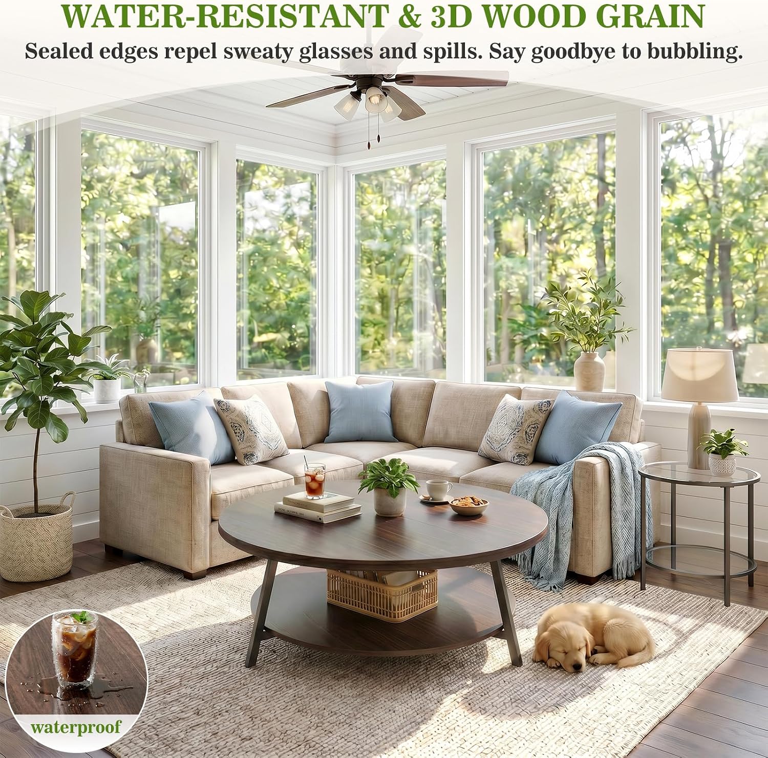 Armocity 35.4" Round Wood Coffee Table with 2-Tier Storage, 1" Thick Top