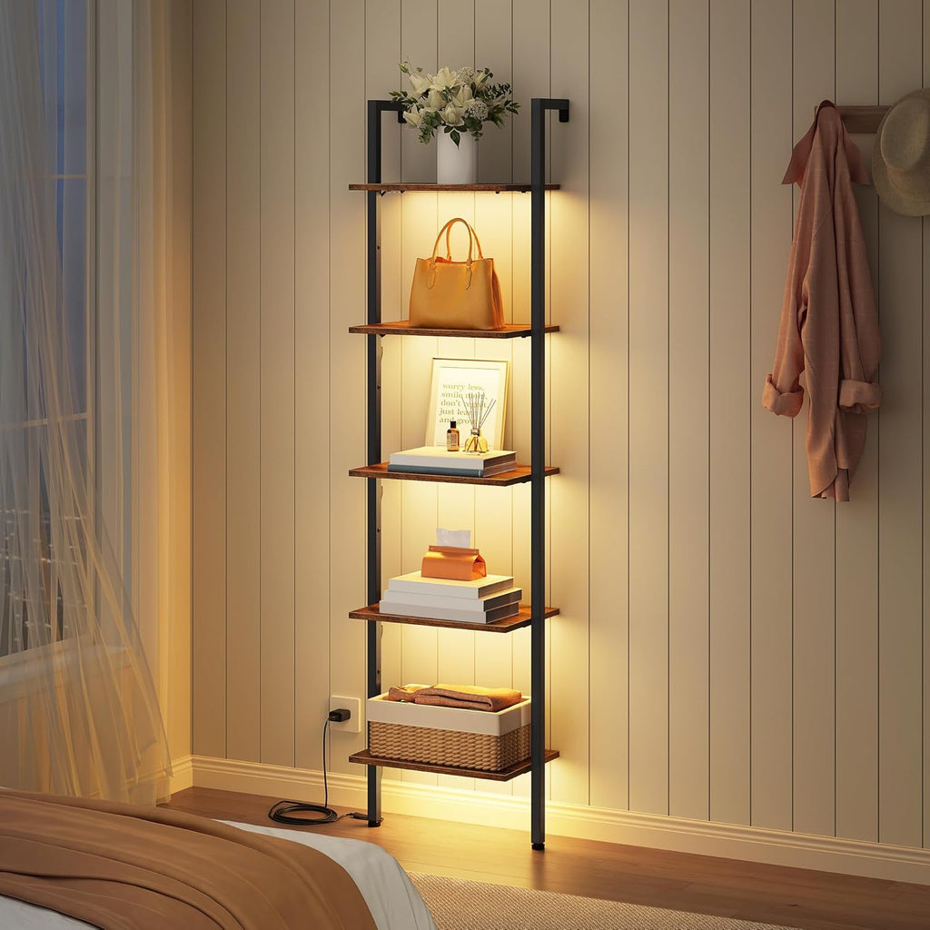 Tajsoon 5 Tier Ladder Bookshelf with Light, Wall Ladder Shelf Rustic Brown