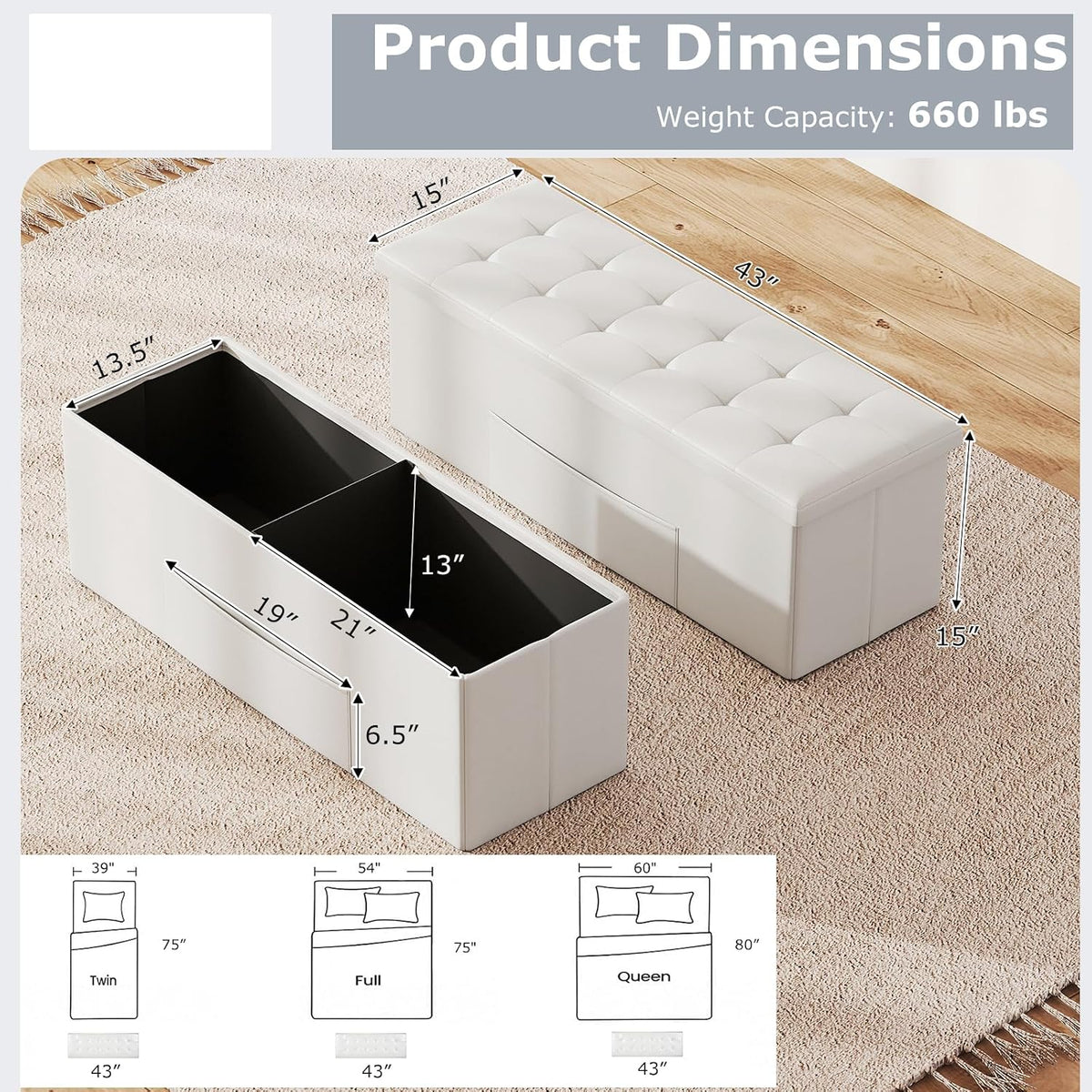 GOFLAME 43 Inches Folding Storage Ottoman Bench, PU Leather End of Bed Bench with Padded Seat and Side Pocket, Large Foot Rest Stool, Storage Chest for Entryway, Living Room, Bedroom, White