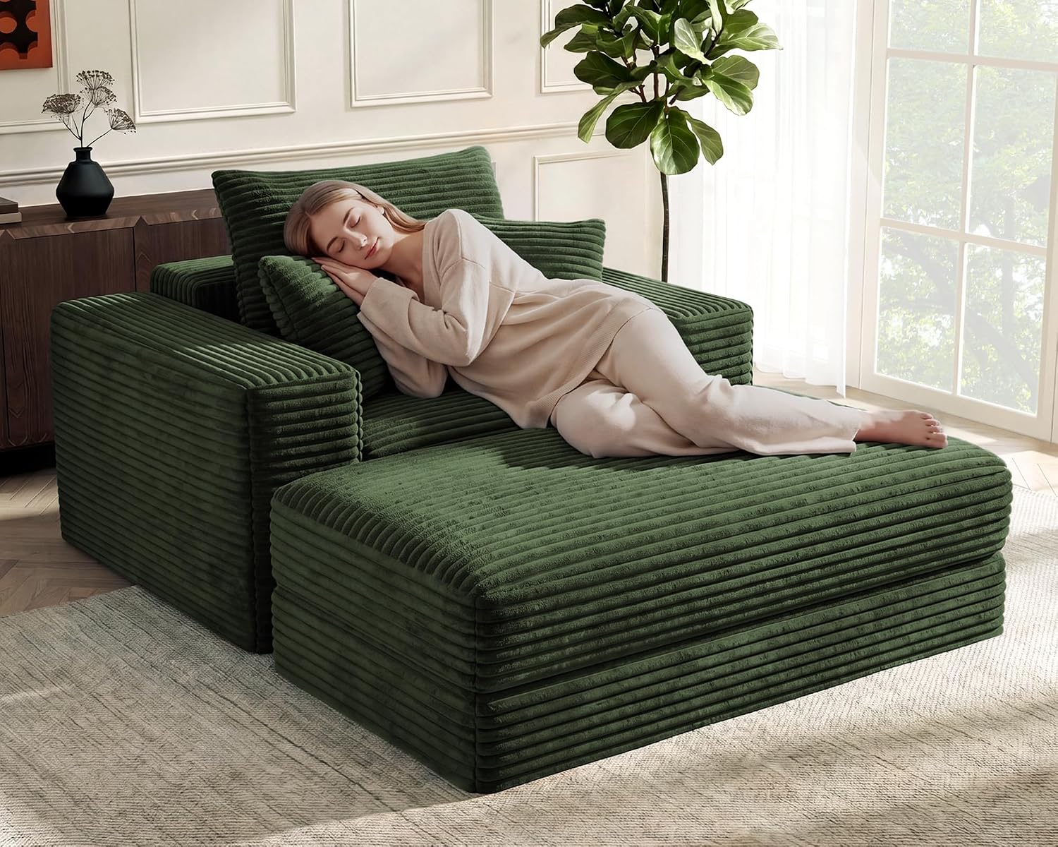 Busaurus 60'' Oversized Chaise Lounge Chair Indoor with Ottoman, Convertible Sofa Bed & Corduroy Reading Chair for Living Room & Bedroom, No Assembly Required