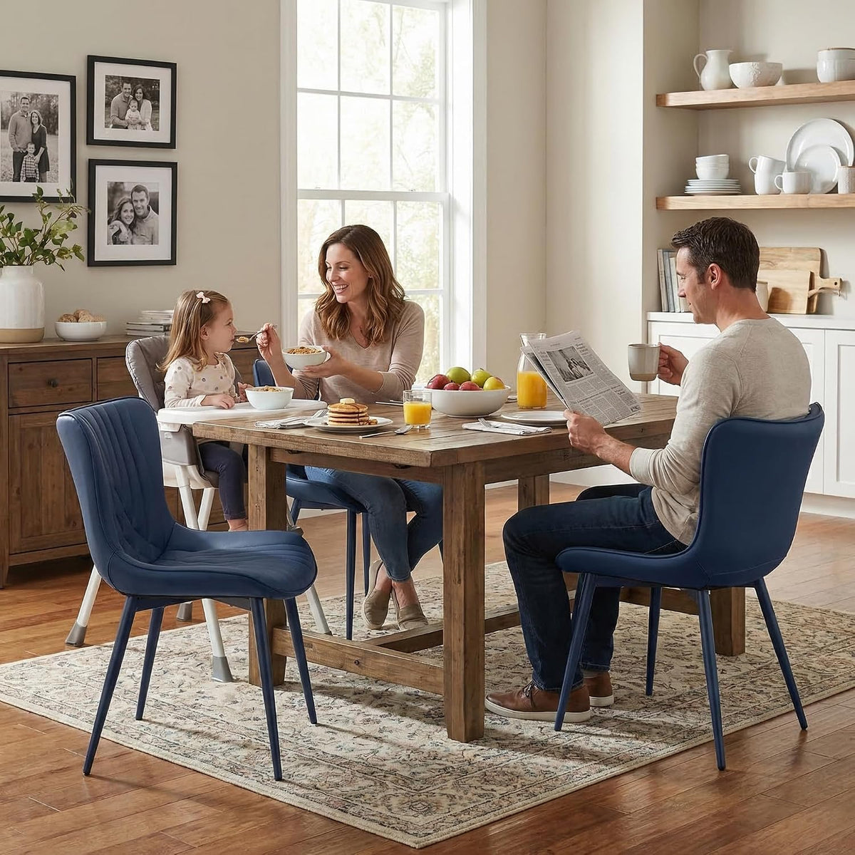 Kidol & Shellder Dining Chairs Set of 2, Mid Century Modern Kitchen Chairs with Metel Legs, PU Leather Upholstered Side Chair for Dining Room, Living Room, Lounge, Restaurant, Navy Blue