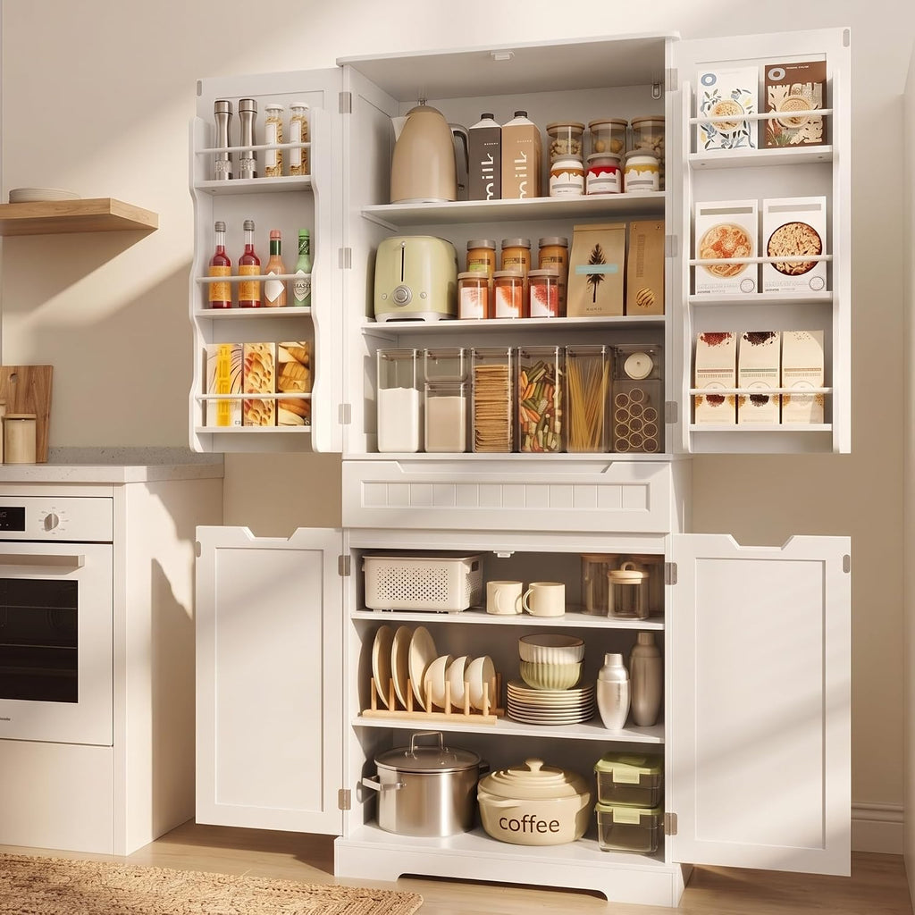 Gizoon Tall Kitchen Pantry Cabinet with Doors and Adjustable Shelves, White | 70'' Pantry Storage Cabinet with Drawer Freestanding Organizer for Small Kitchen Bathroom Laundry Room