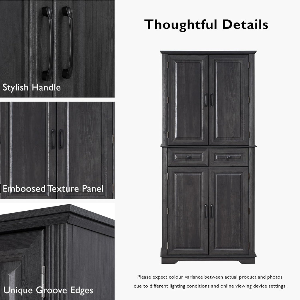 Tall Arched Pantry Cabinet with Pull-Out Cabinet Organizers, Brown | 71"H Farmhouse Storage Cabinet with 6 Door Shelves, 2 Drawers, Anti-Tipping, Embossed Texture for Dining Room