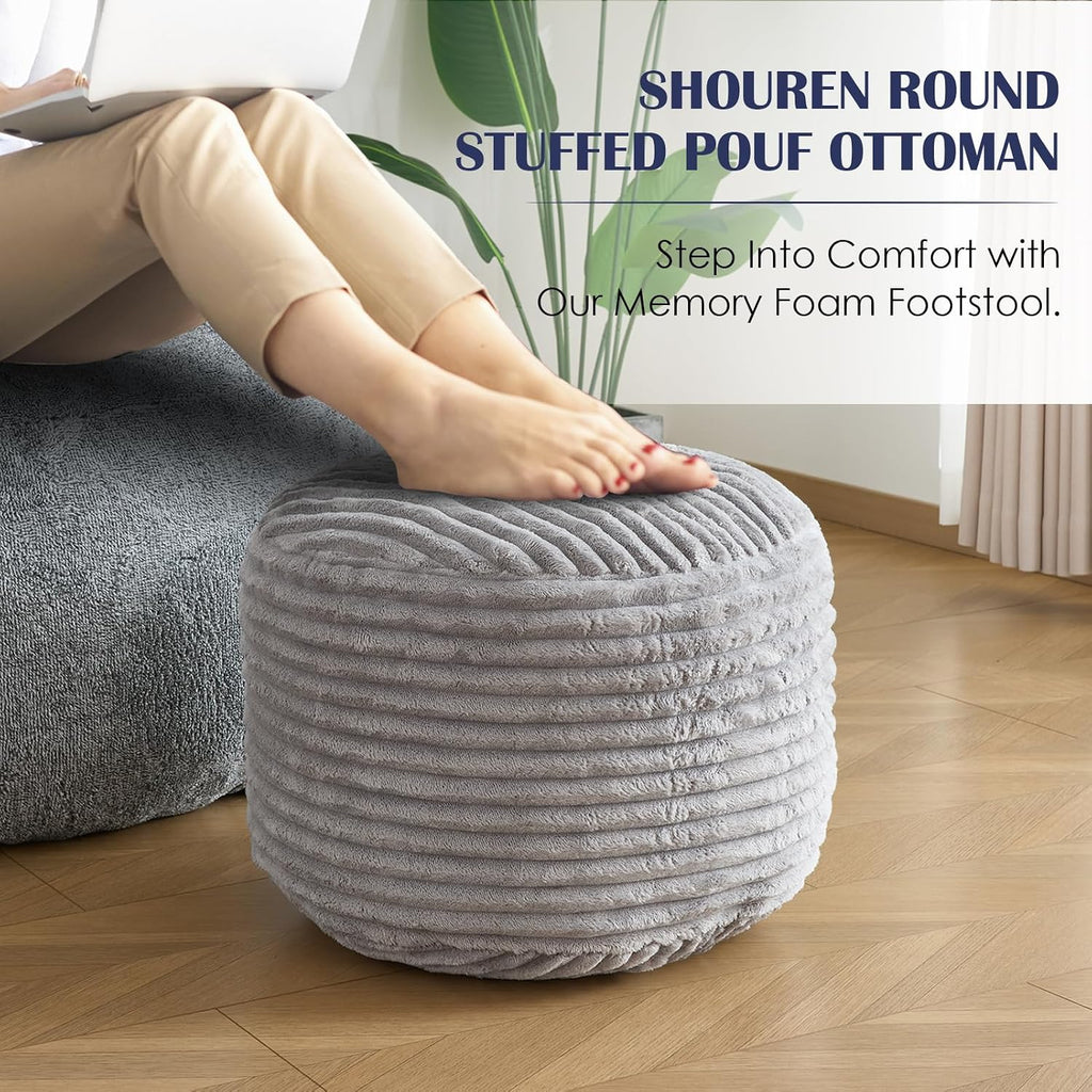 SHOUREN Stuffed Round Ottoman,Pouf Ottoman Foot Rest,20 X 15 in,Light Grey | Corduroy Cover,Memory Foam Filler,Pouf Storage Ottoman Footstool for Living Room,20 X 15 Floor Poufs for Couch,Footrest Only