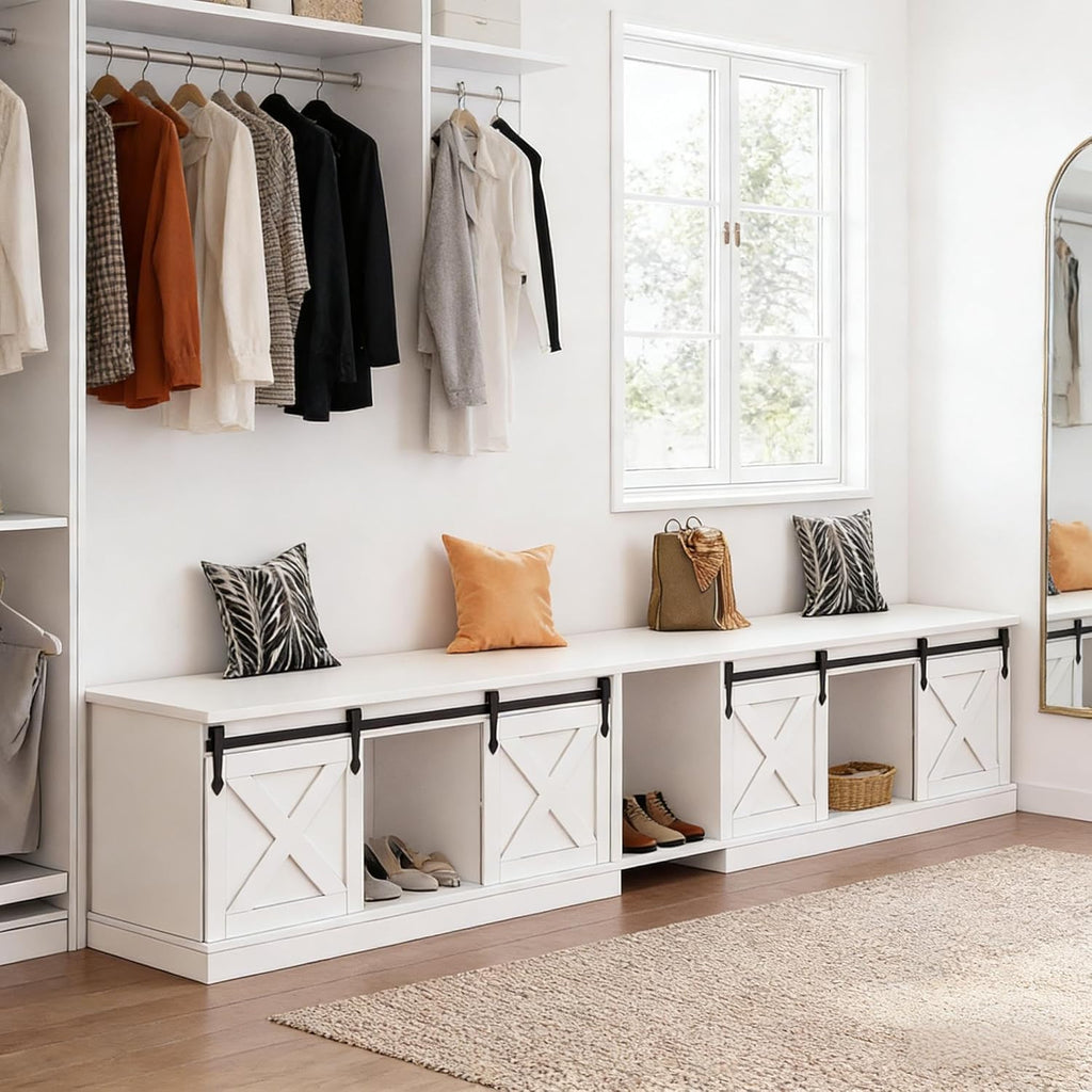 L Shaped Corner Bench with Storage, Farmhouse Breakfast Nook with Cushion & Sliding Barn Door, Entryway Shoe Storage Bench, Kitchen, Dining Room, Living Room, White & Grey