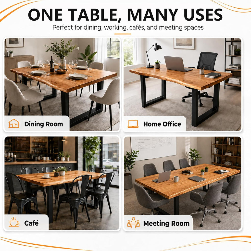 Farmhouse Live Edge Dining Table, Solid Wood Dining Table with 2" Table Top & Metal Base, Wood Slab Industrial Live Edge Desk for Kitchen & Dining Room 2,4,6 People (63 * 31.5 * 29.5IN)