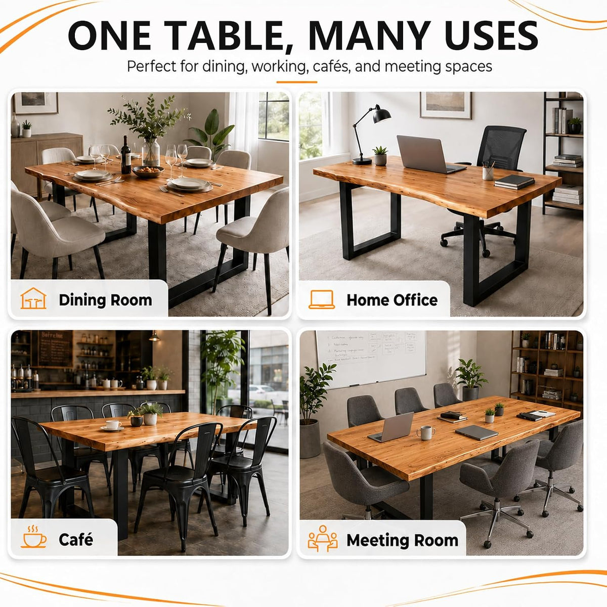 Farmhouse Live Edge Dining Table, Solid Wood Dining Table with 2" Table Top & Metal Base, Wood Slab Industrial Live Edge Desk for Kitchen & Dining Room 2,4,6 People (63 * 31.5 * 29.5IN)