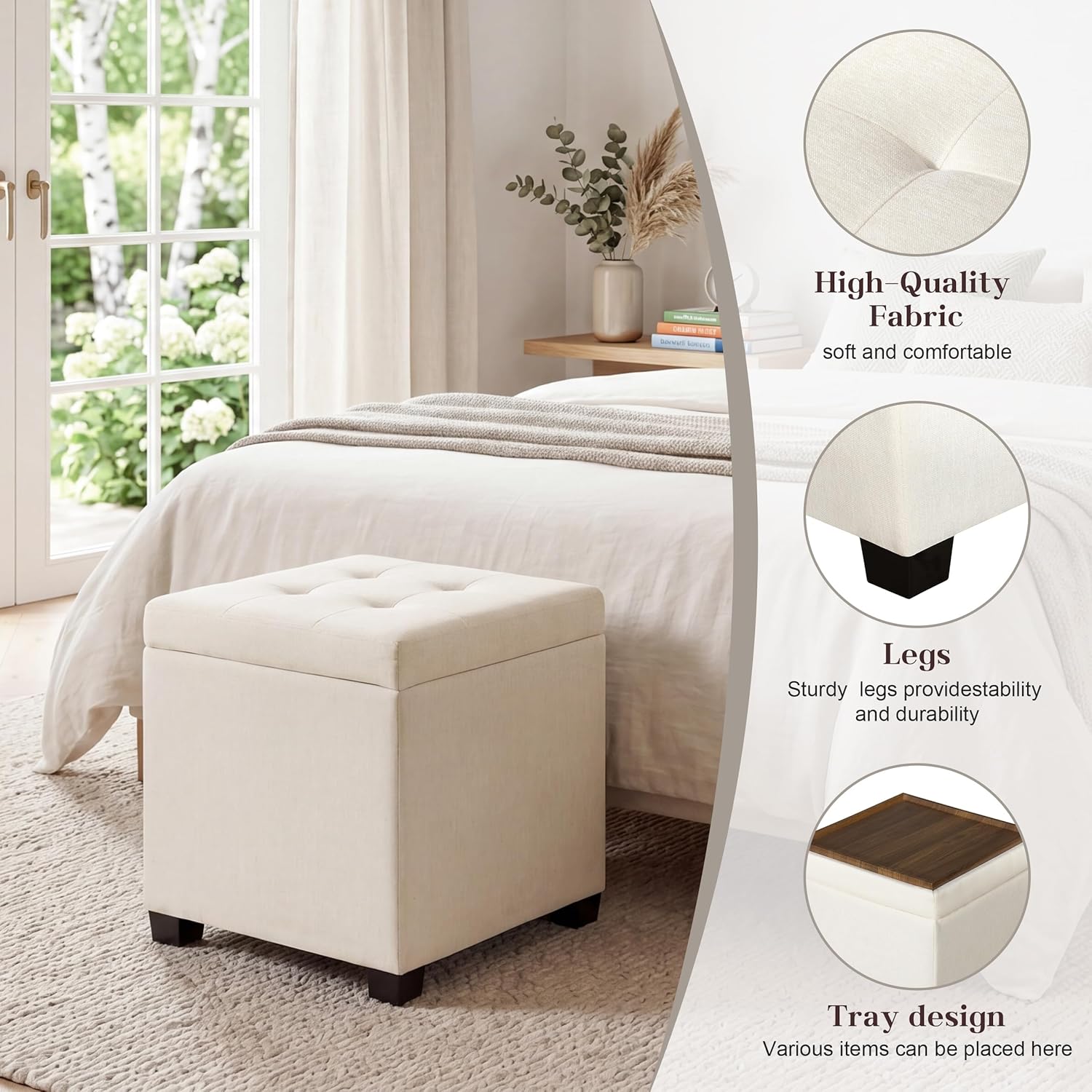 15 inch Square Storage Ottoman with Tray Lid,Modern Tufted Fabric Cube Coffee Table with Storage,Upholstered Ottoman with Removable Top for Living Room, Bedroom