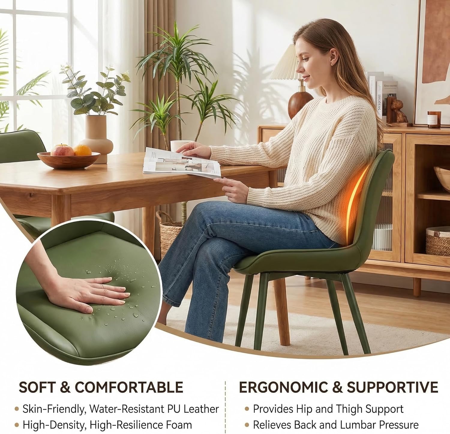 Kidol & Shellder Dining Chairs Set of 2, Mid Century Modern Kitchen Chairs with Metel Legs, PU Leather Upholstered Side Chair for Dining Room, Living Room, Lounge, Restaurant, Bean Green