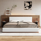 Christopher Knight Home Bettine Modern Boucle Queen Size Bed Frame with Headboard, Solid Wood Queen Bed Frame, Slat Panel Support Platform Bed, No Spring Box Needed, Heavy Duty, White+Brown