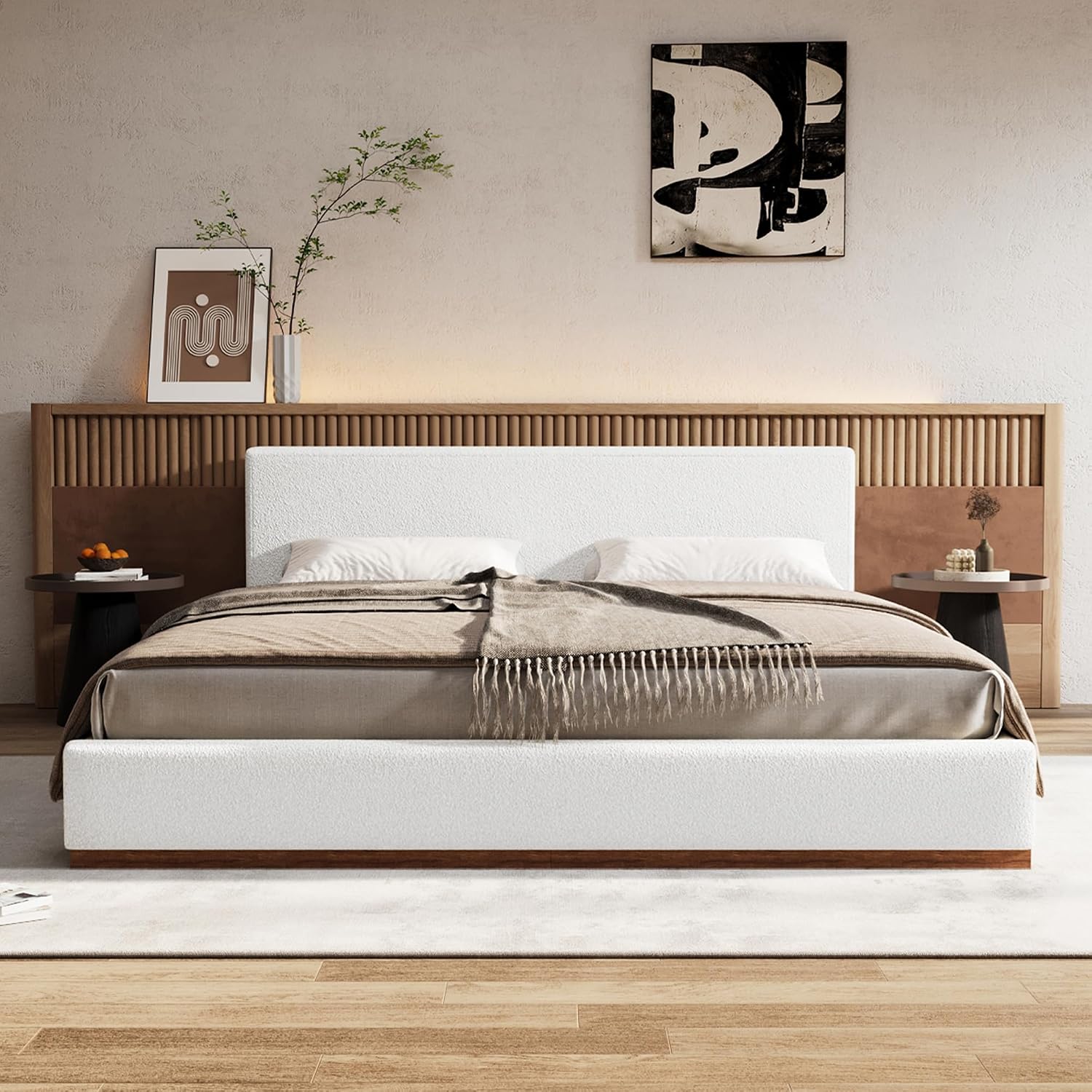 Christopher Knight Home Bettine Modern Boucle Queen Size Bed Frame with Headboard, Solid Wood Queen Bed Frame, Slat Panel Support Platform Bed, No Spring Box Needed, Heavy Duty, White+Brown