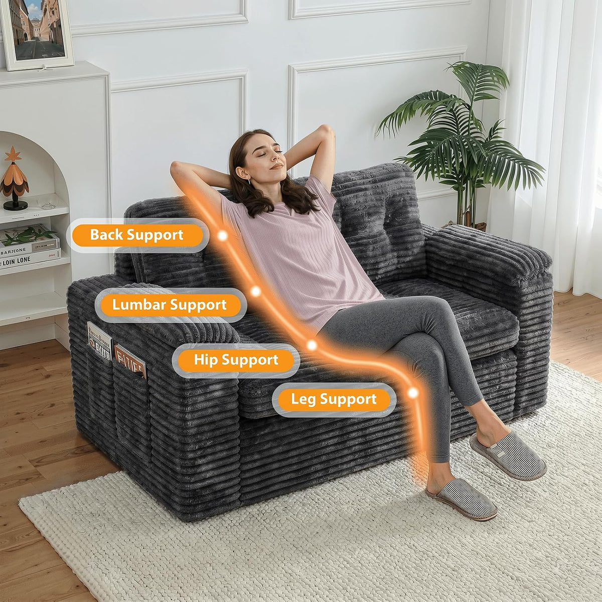 Loveseat Sofa for Living Room, Small Cloud Couch with Double-Density Foam Support, Removable Washable Corduroy Cover & 4 Pillows, Comfy Floor Sofa, Compact Couch for Small Spaces, Dark Grey
