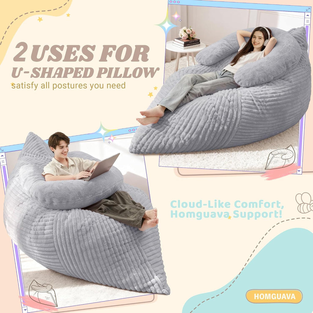 Homguava Giant Bean Bag Chair for Adults with Pillow, 4 in 1 Convertible Floor Cushion for Adluts, Memory Foamed Bean Bag Lounger with Washable Cover for Living Room, Bedroom