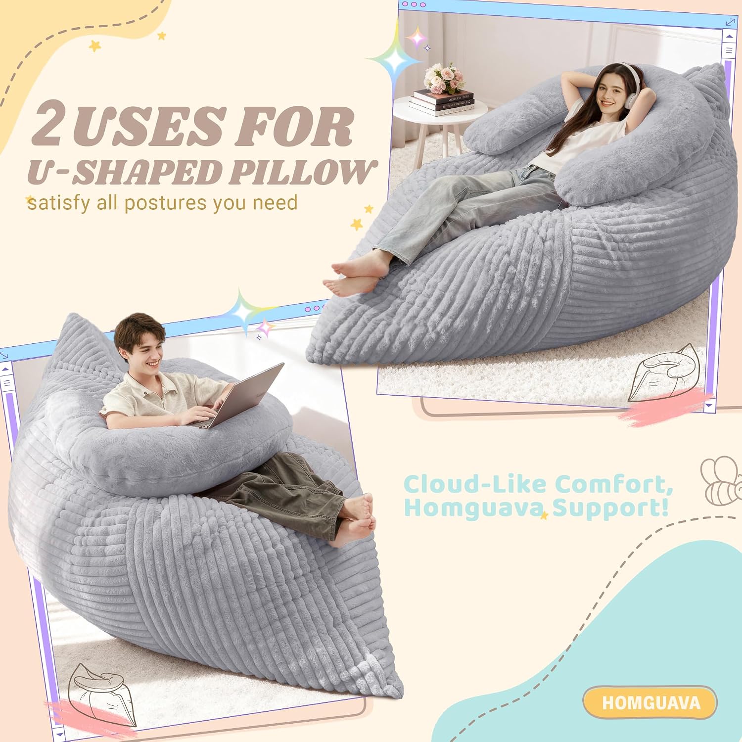 Homguava Giant Bean Bag Chair for Adults with Pillow, 4 in 1 Convertible Floor Cushion for Adluts, Memory Foamed Bean Bag Lounger with Washable Cover for Living Room, Bedroom