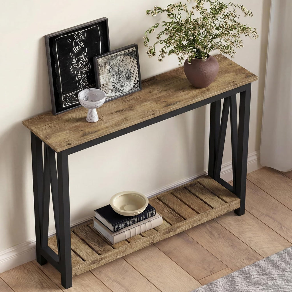 ChooChoo Farmhouse Console Table, Rustic Vintage Narrow Sofa Table for Entryway, Living Room, Hallway, 47 Rustic Oak & Black