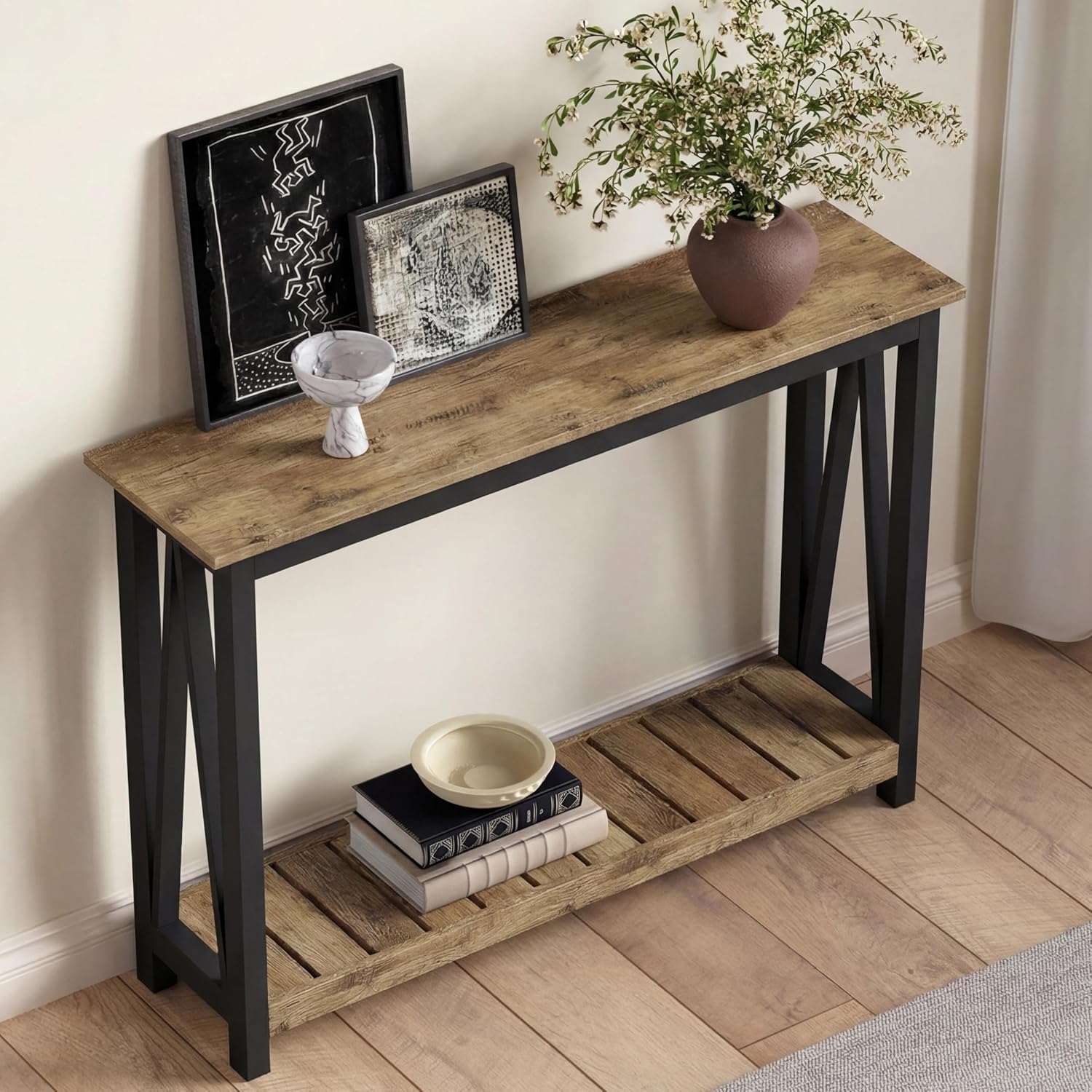 ChooChoo Farmhouse Console Table, Rustic Vintage Narrow Sofa Table for Entryway, Living Room, Hallway, 47 Rustic Oak & Black