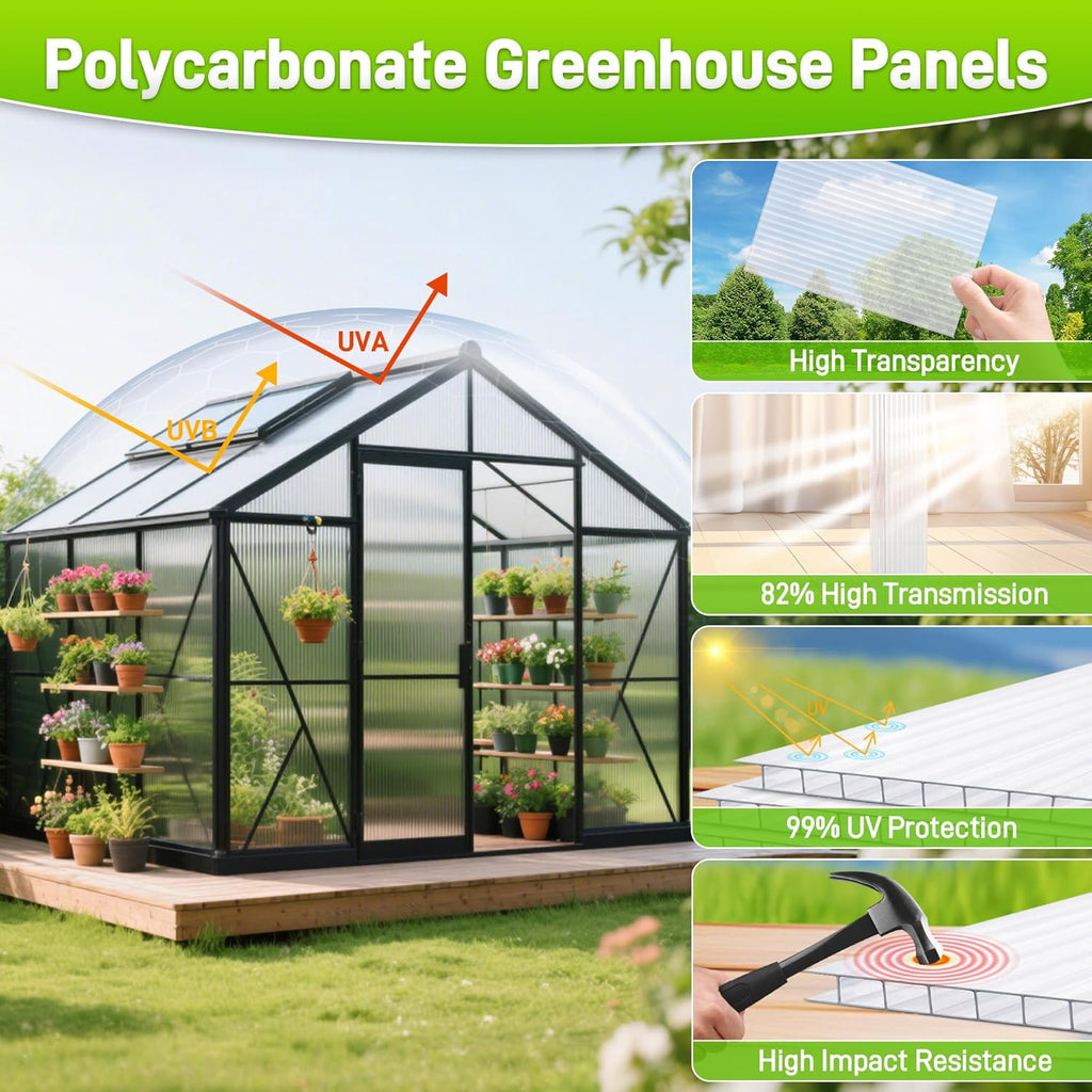 8PCS 10' x 6' x 0.16'' Polycarbonate Greenhouse Panels Sheets, Twin-Wall Roof Panels, Waterproof UV Protected Corrugated Plastic Roof Panels Sheets, Clear Replacement Panels for Greenhouse