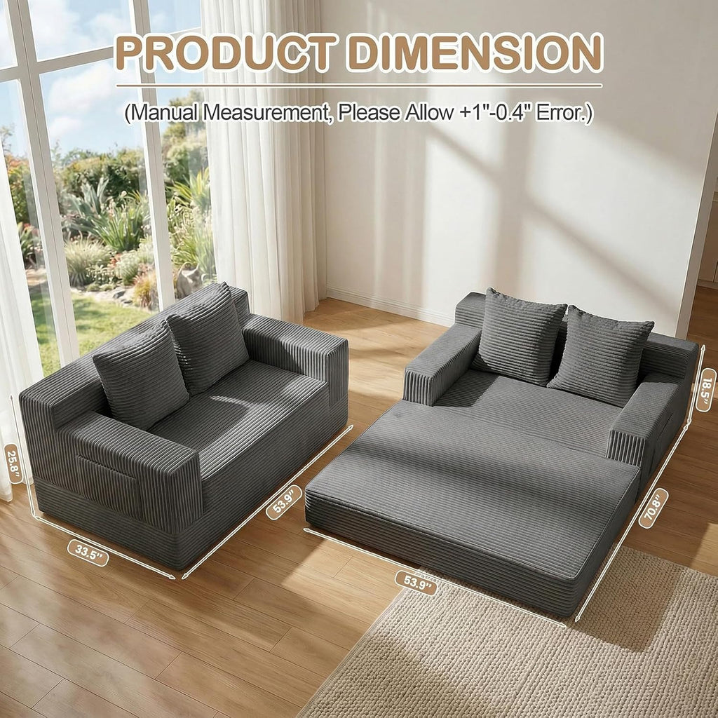 Loveseat Small Couch Bed, Futon Sleeper Sofa Bed,Convertible Pull Out Couch with 2 Pillows,Corduroy Folding Floor Couch for Living Room,No Assembly Required,Grey