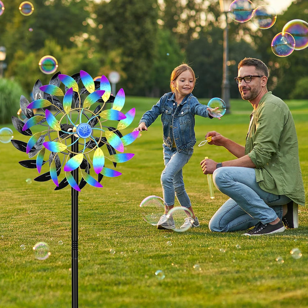 Metal Outdoor Wind Spinner, 2-Way Wind Sculpture Spinner with Metal Stake, Waterproof 360 Degrees Kinetic Windmill Art Decoration for Patio Garden Lawn (A- Colorful)
