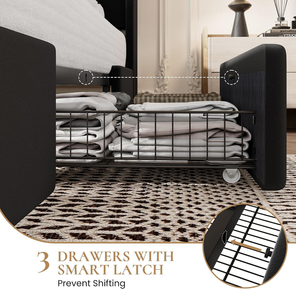 SHA CERLIN Queen Bed Frame, Storage Headboard with Drawers, Charging, Black