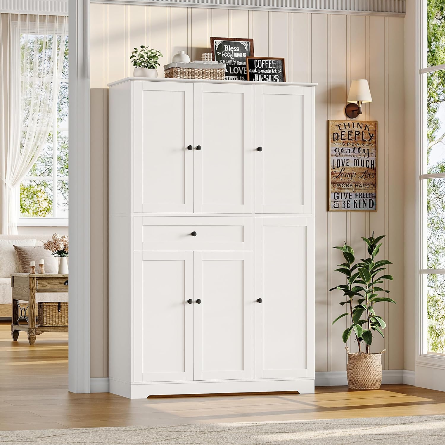 HOSTACK 68" Tall Kitchen Pantry Storage Cabinet with Doors & Shelves, White | Large Pantry Cabinet with Door Rack, Freestanding Kitchen Storage Cabinet with Drawer, Food Pantry for Dining Living room