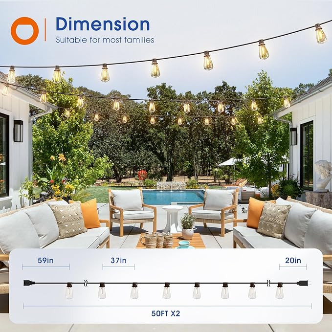 addlon 100FT(50FT*2) LED Outdoor String Lights Waterproof Patio Lights with Shatterproof ST38 Replaceable Bulbs, Dimmable Outside Hanging Light Connectable for Porch, Backyard, 2200K