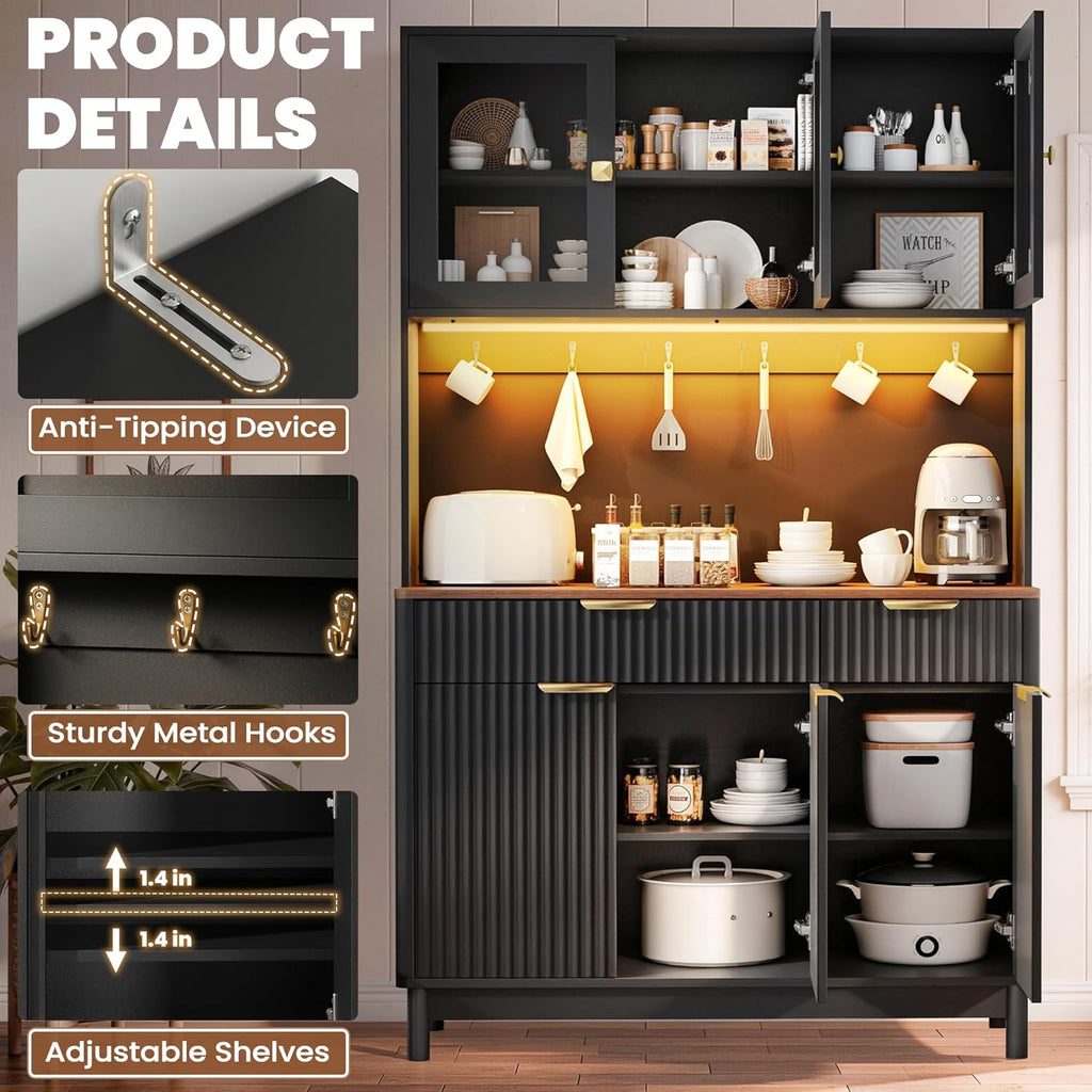 71'' Fluted Kitchen Pantry Cabinet with Power Outlet & LED Light, Food Kitchen Hutch with Countertop, Wood Pantry Storage Cabinet with a Drawer & Shelves for Living Room, Dining Room, Black