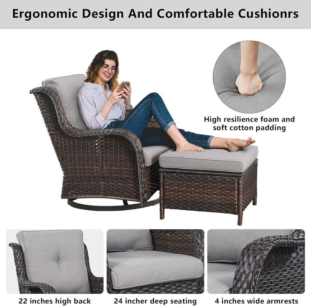 Belord Outdoor Swivel Chairs Set of 2,Patio Wicker Rocker Chairs with Ottomans, All Weather Patio Conversation Furniture Set, Ideal for Porch Balcony Deck Yard, Brown Wicker/Gray