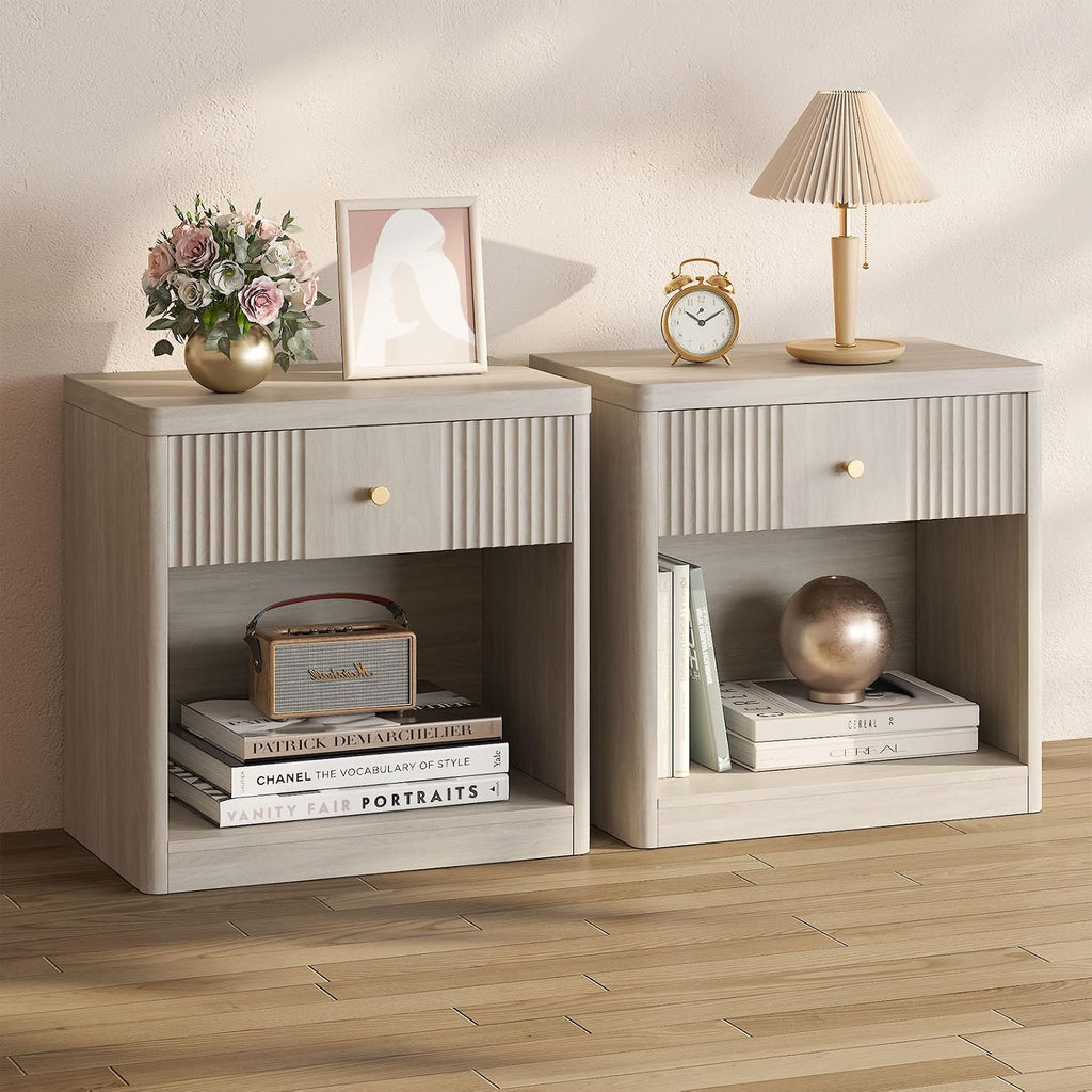 Memobarco Night Stand Set of 2, Fluted Nightstands with Drawer, White Alder | Large Bedside Tables, End Tables with Storage, Modern Design, Bedroom, Living Room, Sofa, Office