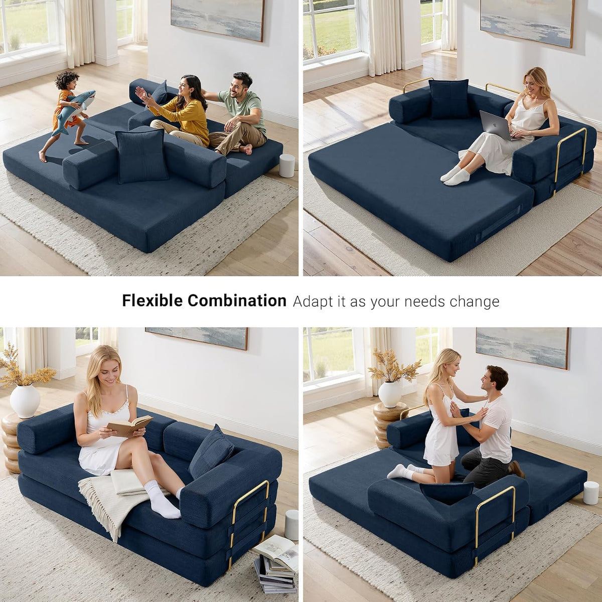 ivoros 78" Convertible Sleeper Sofa Bed, Corduroy Folding Sofa Bed with Fixed-Shape Frame, Fold Out Floor Mattress Couch, Lazy Compression Sofas for Living Room, Bedroom, No Assembly Required, Blue