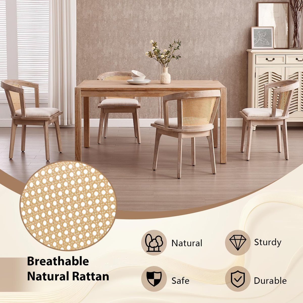 Kmax Rattan Dining Chair Set of 4 Farmhouse Semi Barrel Dining Room Chair Wooden Upholstered Chair for Kitchen Living Room, Oak