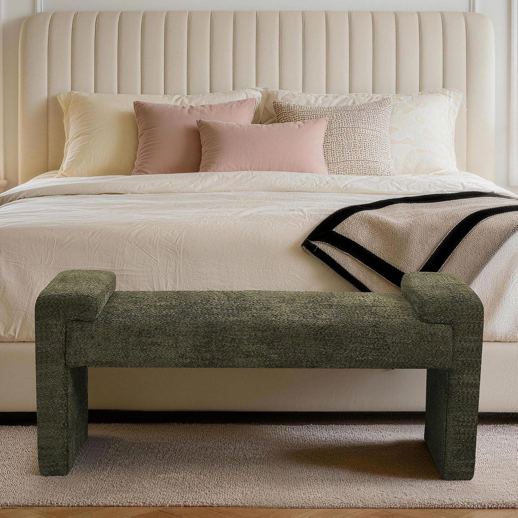43" Upholstered End of Bed Bench, Entryway Bench with Curved Armrests, Modern Bedroom Bench Seat with Solid Wood Frame for Living Room, Hallway, Green