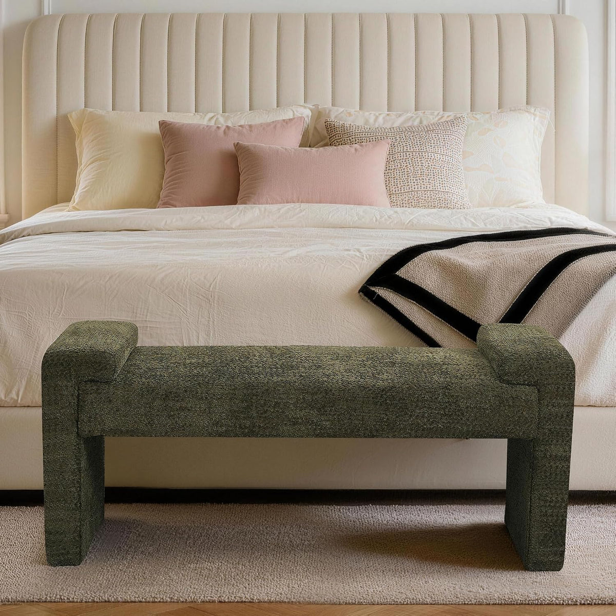 43" Upholstered End of Bed Bench, Entryway Bench with Curved Armrests, Modern Bedroom Bench Seat with Solid Wood Frame for Living Room, Hallway, Green