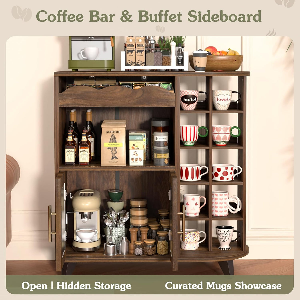 VINAEMO Coffee Bar Cabinet with 24-Cup Display, Large Drawer & Storage,Modern Buffet Sideboard for Kitchen, Medium Wooden Bar Station for Apartment，Walnut