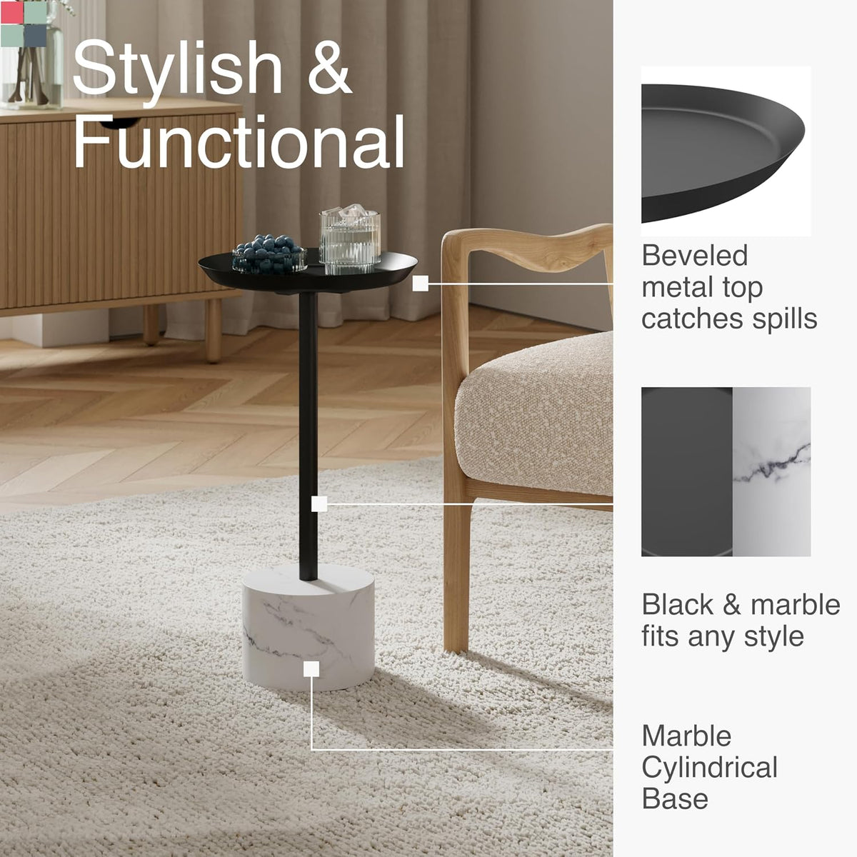 Round Metal Drink Table with Black Top and Faux Marble Base – Small Pedestal Side Table for Living Room, Bedroom, or Office – Modern Black Round Cocktail Table, Easy Assembly, Scratch-Resistant