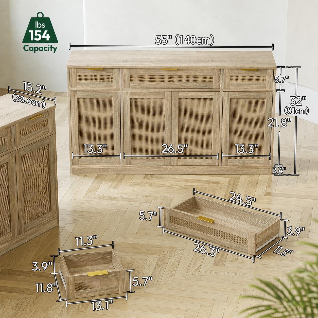TIQLAB 55" Rattan Sideboard Buffet Cabinet with Storage, 4 Doors Credenza with Drawers, Console Cabinet for Living Room, Buffet Table with Adjustable Shelves, Natural
