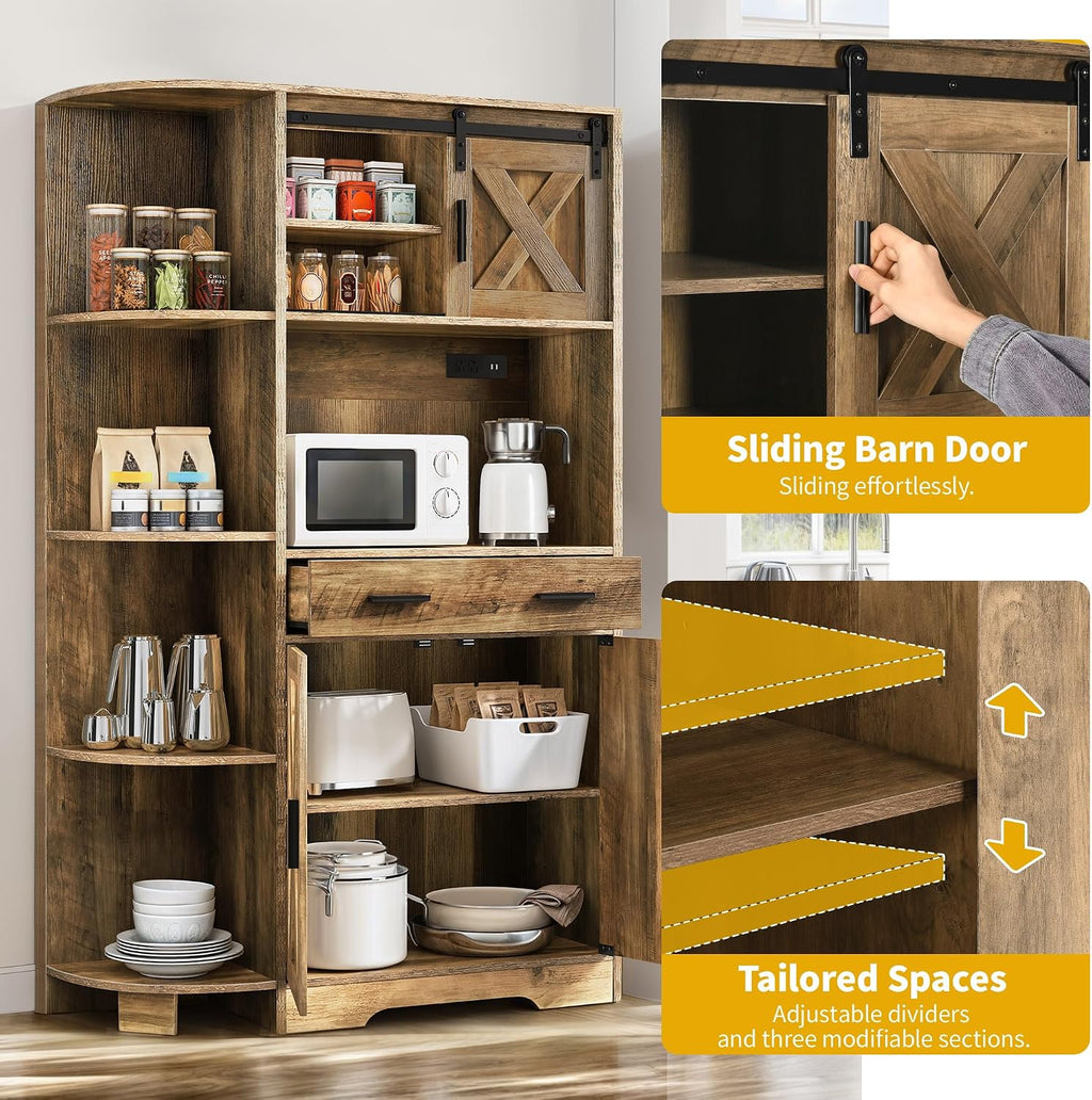 DWVO Kitchen Pantry Cabinet with Power Outlet, 67" Tall Farmhouse Pantry Storage Cabinet with Barn Doors, Drawer & Microwave Stand, Freestanding Hutch for Kitchen & Dining Room, Rustic Brown
