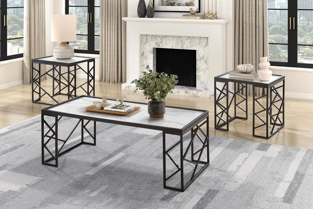 3pc Tables Set with Tempered Glass Top and Black Metal Frame | Includes 3-piece set with white marble-print tempered glass tops
