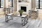 3pc Tables Set with Tempered Glass Top and Black Metal Frame | Includes 3-piece set with white marble-print tempered glass tops