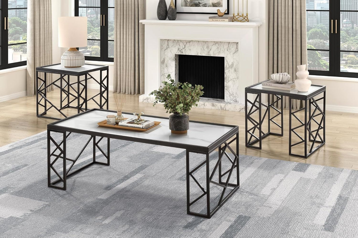 3pc Tables Set with Tempered Glass Top and Black Metal Frame | Includes 3-piece set with white marble-print tempered glass tops