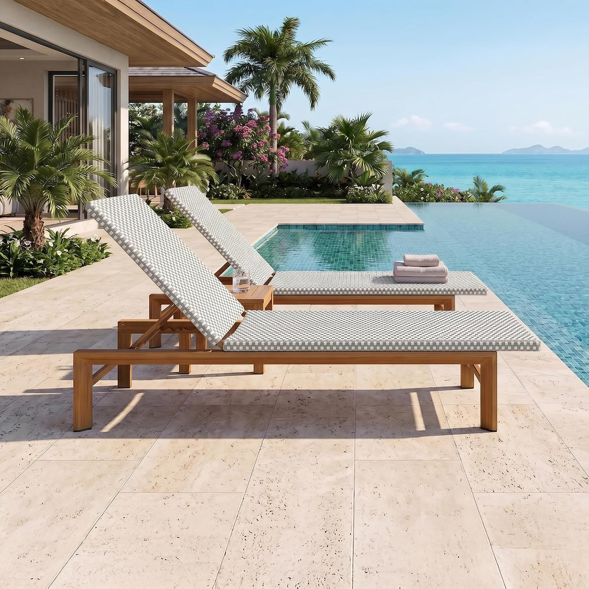 PURPLE LEAF Extra Wide French PE Rattan Patio Chaise Lounge Set of 2, Grey | Extra Wide Fits Heavier Users, Fade-proof Wicker, Matte Teak Wood-Grain Rustproof Aluminum, 5 Recline, Non-Slip Pads, 440 lbs