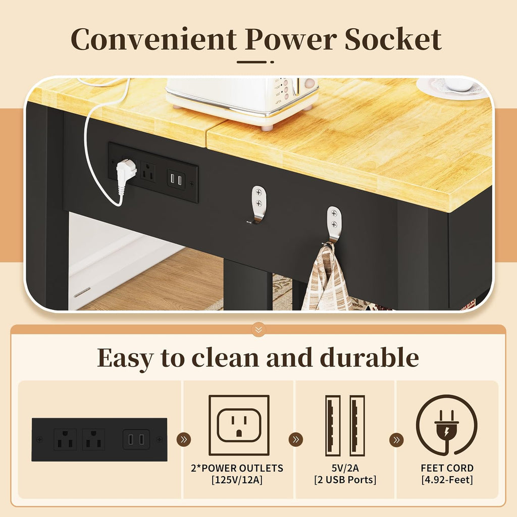 Kitchen Island with Storage for Kitchen Dining Room (Black) | Charging outlet, 2 Drawers and 6 Hook