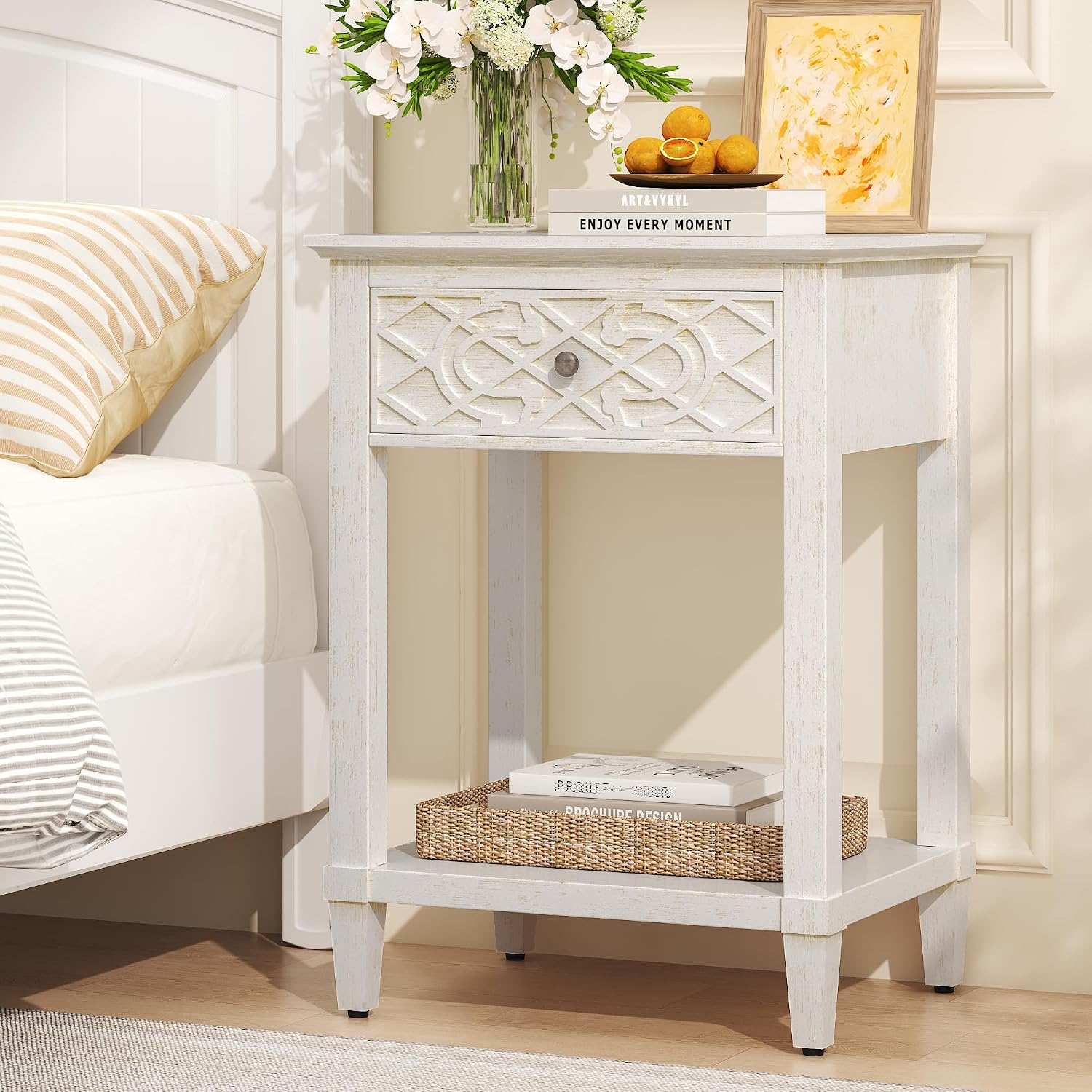 karlott 26" Farmhouse Night Stand with Pre-Assembled Drawers, Painted Bedside Table, Pine Leg and Solid Wood Frame Nightstand, Side Table End Table for Bedroom, Carved Pattern, Distressed White