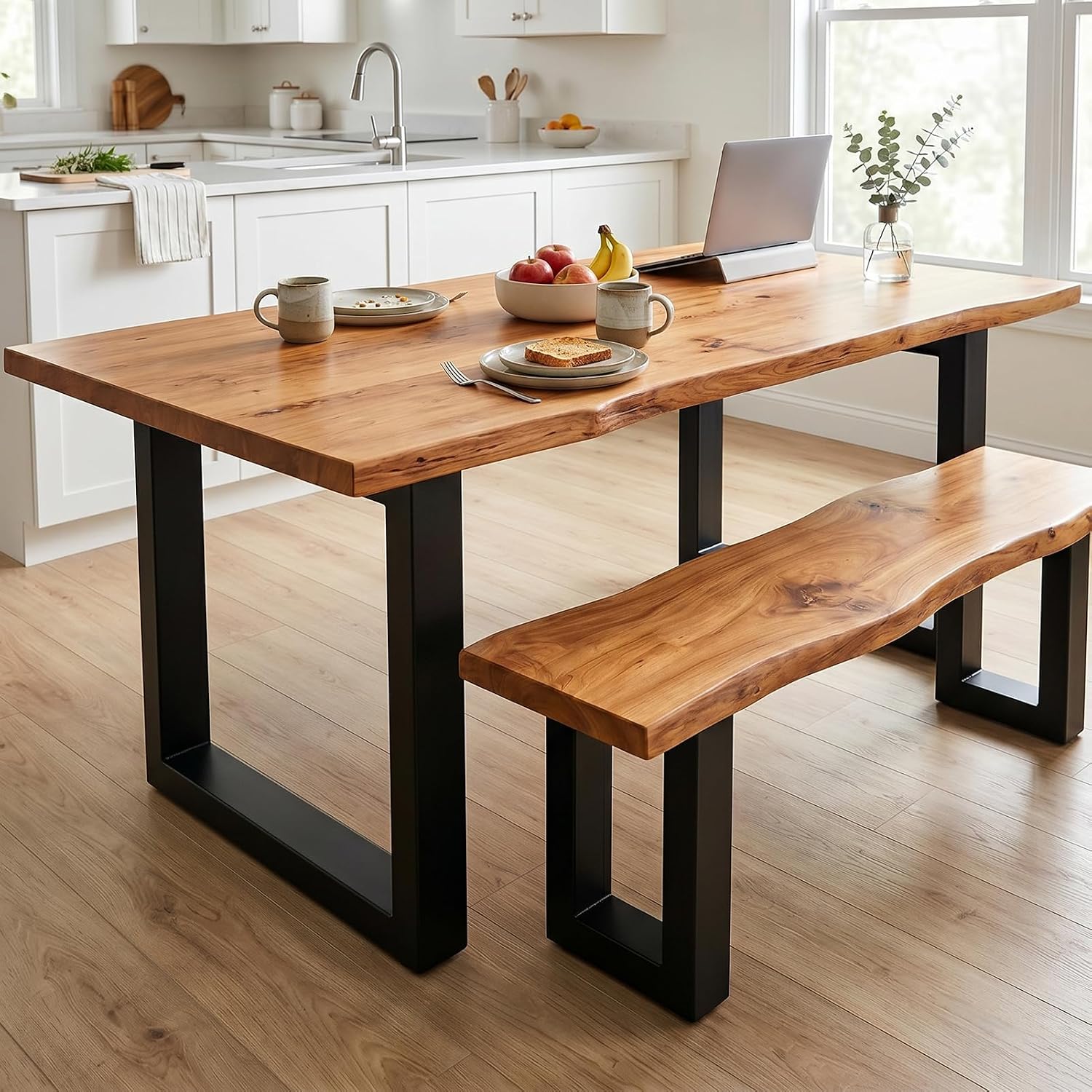 Farmhouse Live Edge Dining Table, Solid Wood Dining Table with 2" Table Top & Metal Base, Wood Slab Industrial Live Edge Desk for Kitchen & Dining Room 2,4,6 People (63 * 31.5 * 29.5IN)