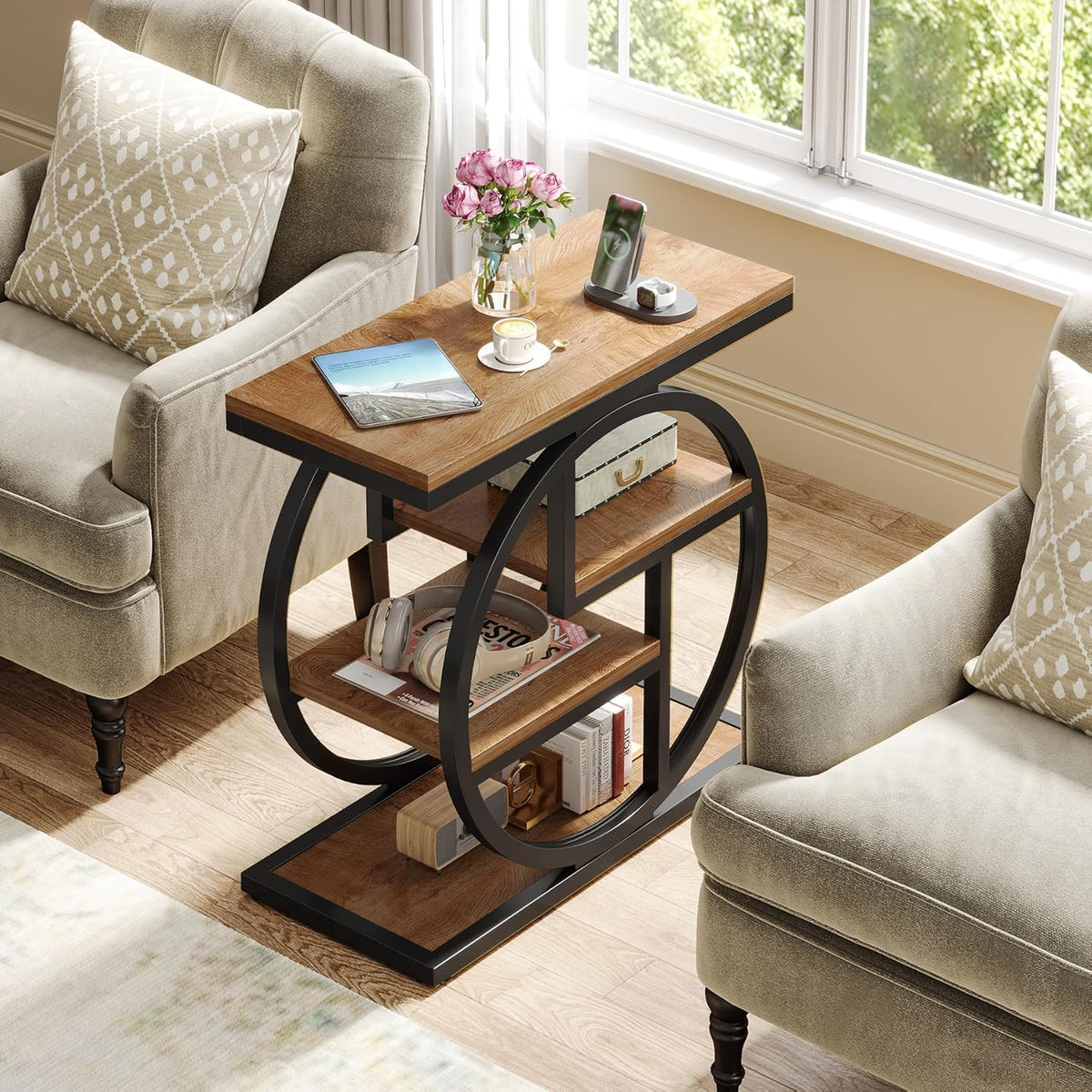 Tribesigns End Table for Living Room, 4-Tier Narrow Side Table with Storage Shelves, Industrial Bedside Table for Bedroom, Wood Small Sofa Side Table with Geometric Metal Frame (1 PC, Natural Brown)