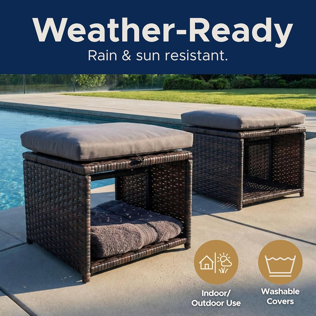 Outdoor Storage Ottoman (Set of 2) - All-Weather Wicker Patio Footstool with Washable Cushions - Sturdy Rattan Foot Rest & Hidden Box for Deck, Porch, Backyard & Balcony