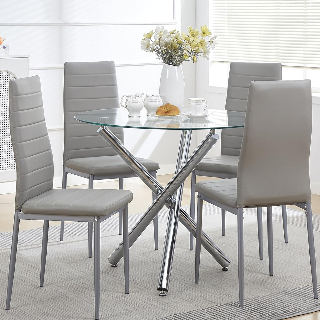 Round Glass Dining Room Set for 4 Modern Clear Silver Kitchen Table and Faux Leather Grayish Chairs Set Compact 5-Pieces Dining Table with Chair Set for Small Space/Apartment