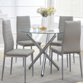 Round Glass Dining Room Set for 4 Modern Clear Silver Kitchen Table and Faux Leather Grayish Chairs Set Compact 5-Pieces Dining Table with Chair Set for Small Space/Apartment