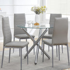 Round Glass Dining Room Set for 4 Modern Clear Silver Kitchen Table and Faux Leather Grayish Chairs Set Compact 5-Pieces Dining Table with Chair Set for Small Space/Apartment
