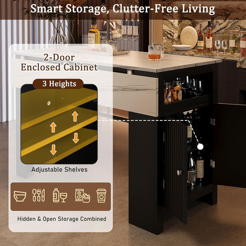 3-in-1 Dining Table with Foldable Tabletop & Marble Grain Top, Black+Walnut | 2-Door Storage Cabinet, Adjustable Shelves, Side Hooks, MDF Wood With Aluminum Handles For Kitchen & Dining Room